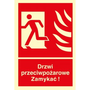 Znak Drzwi przeciwpożarowe zamykać. Droga ewakuacyjna w lewo